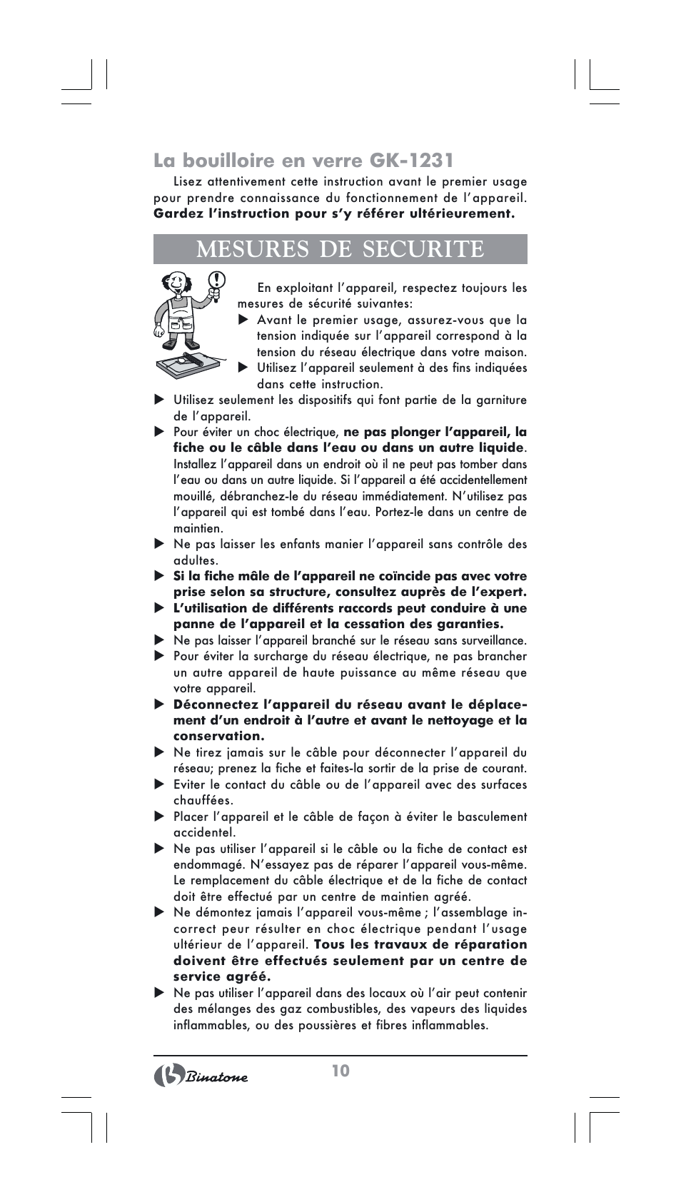 Mesures de securite, La bouilloire en verre gk-1231 | Binatone GK-1231 User Manual | Page 10 / 30