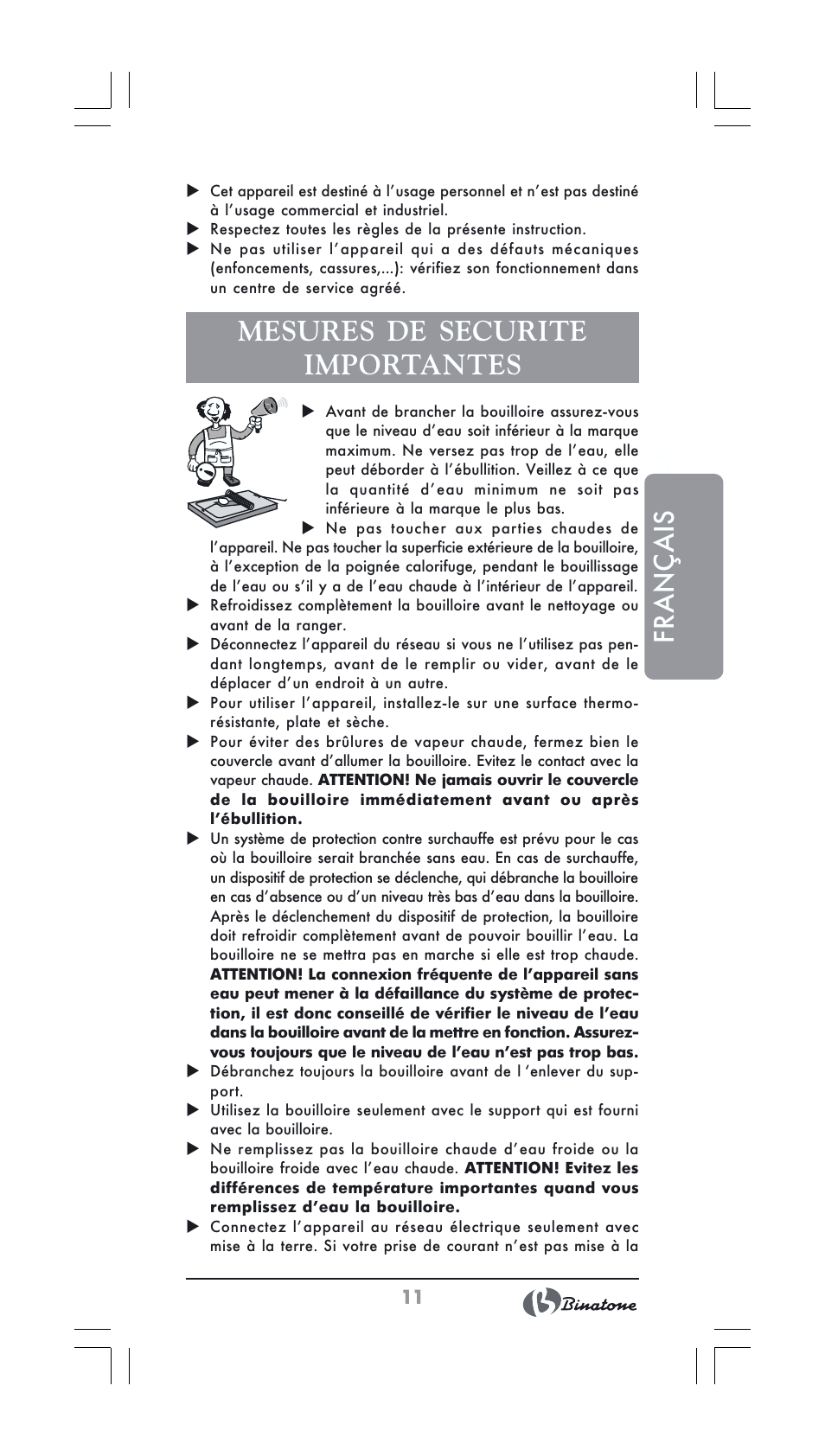Français, Mesures de securite importantes | Binatone GK-1231 User Manual | Page 11 / 30