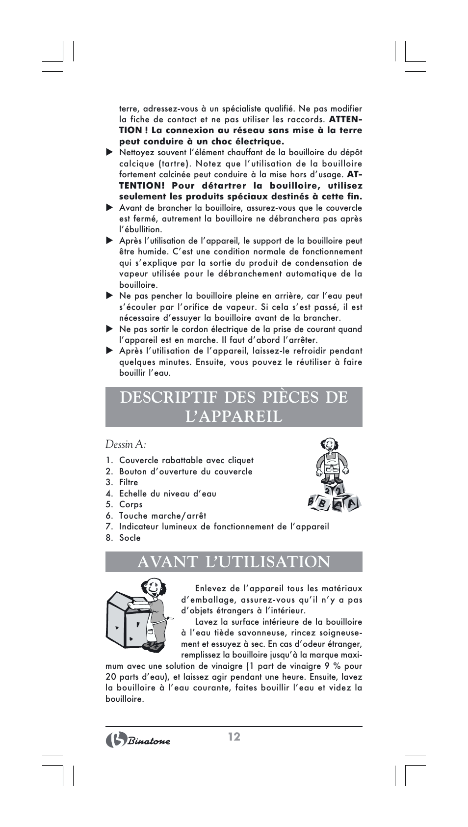 Descriptif des pièces de l’appareil, Avant l’utilisation | Binatone GK-1231 User Manual | Page 12 / 30