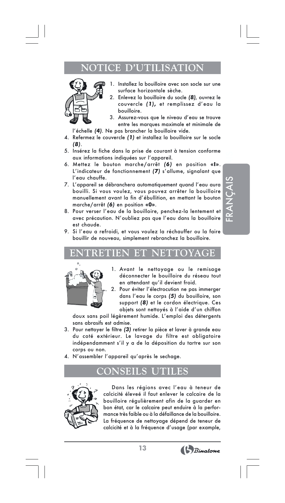 Français, Français notice d’utilisation, Entretien et nettoyage | Conseils utiles | Binatone GK-1231 User Manual | Page 13 / 30