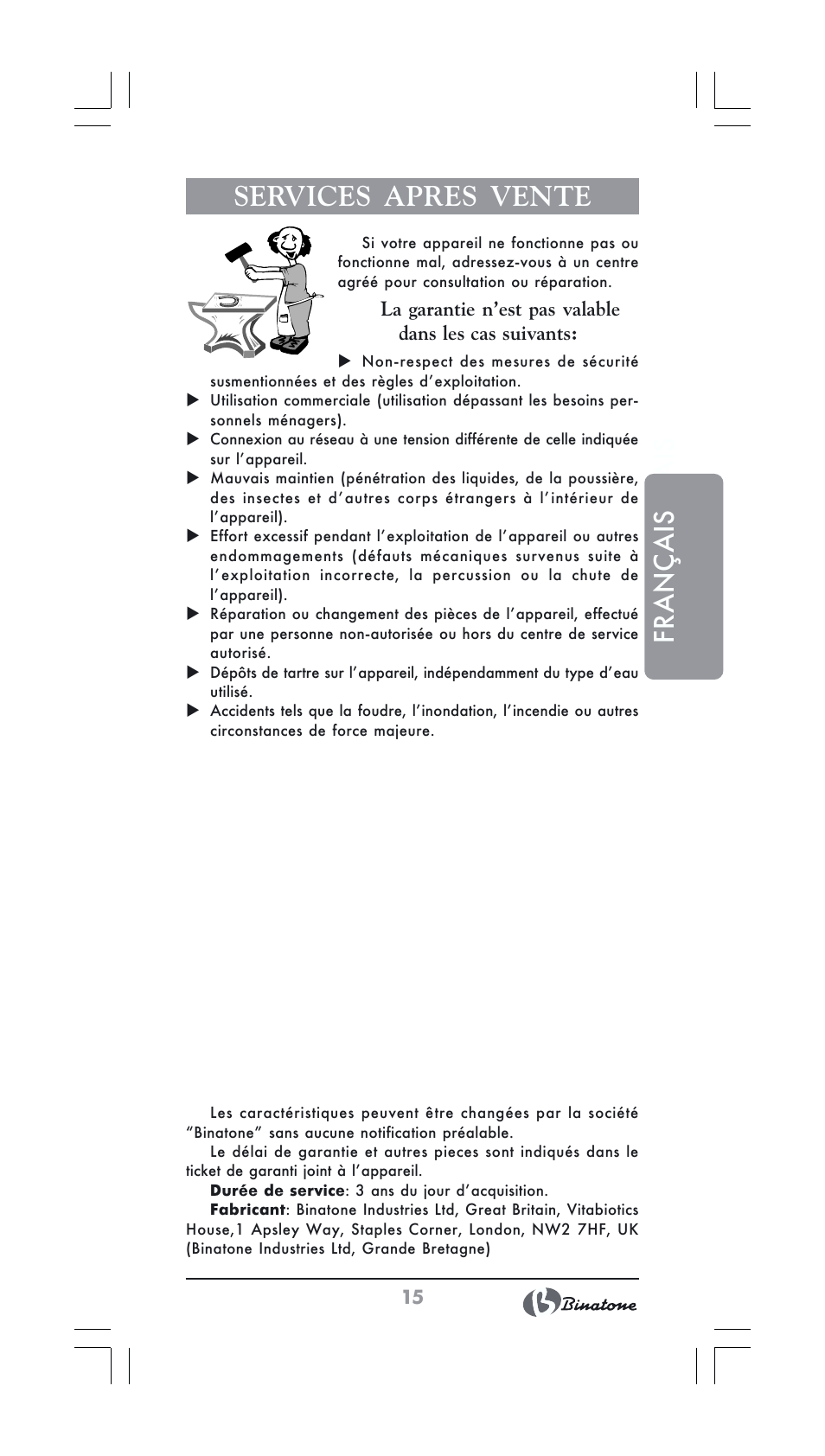 Français, Services apres vente | Binatone GK-1231 User Manual | Page 15 / 30