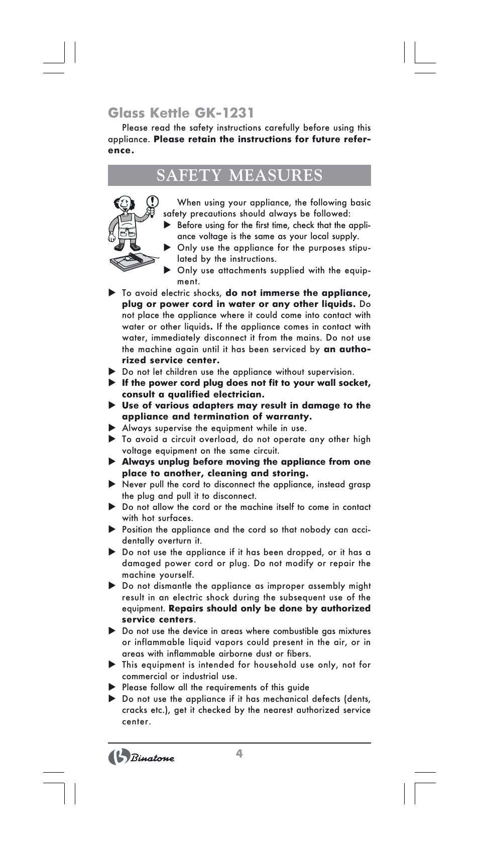 Safety measures, Glass kettle gk-1231 | Binatone GK-1231 User Manual | Page 4 / 30