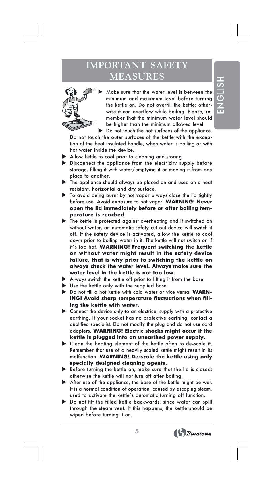 English important safety measures | Binatone GK-1231 User Manual | Page 5 / 30