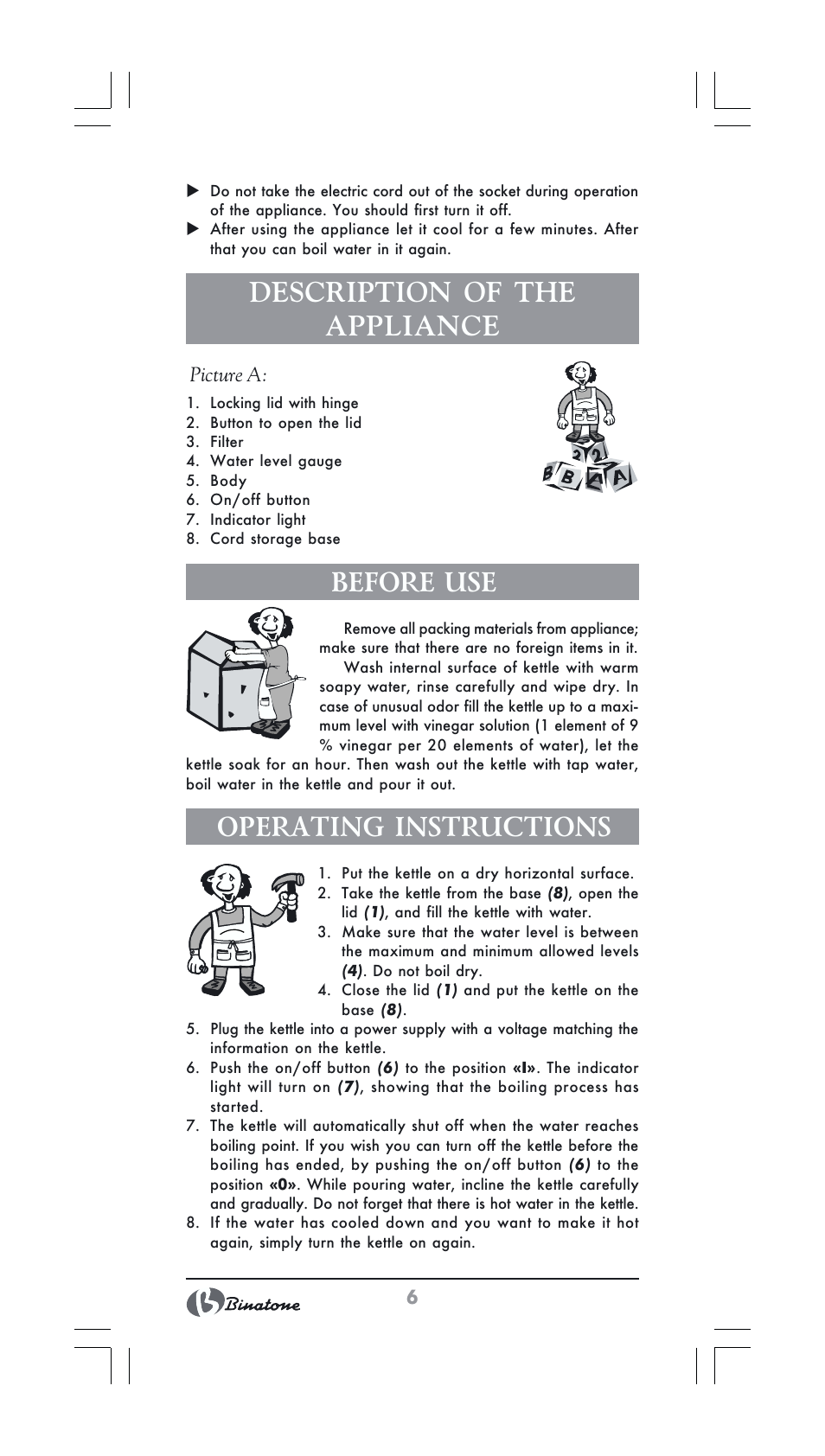 Description of the appliance, Before use, Operating instructions | Binatone GK-1231 User Manual | Page 6 / 30