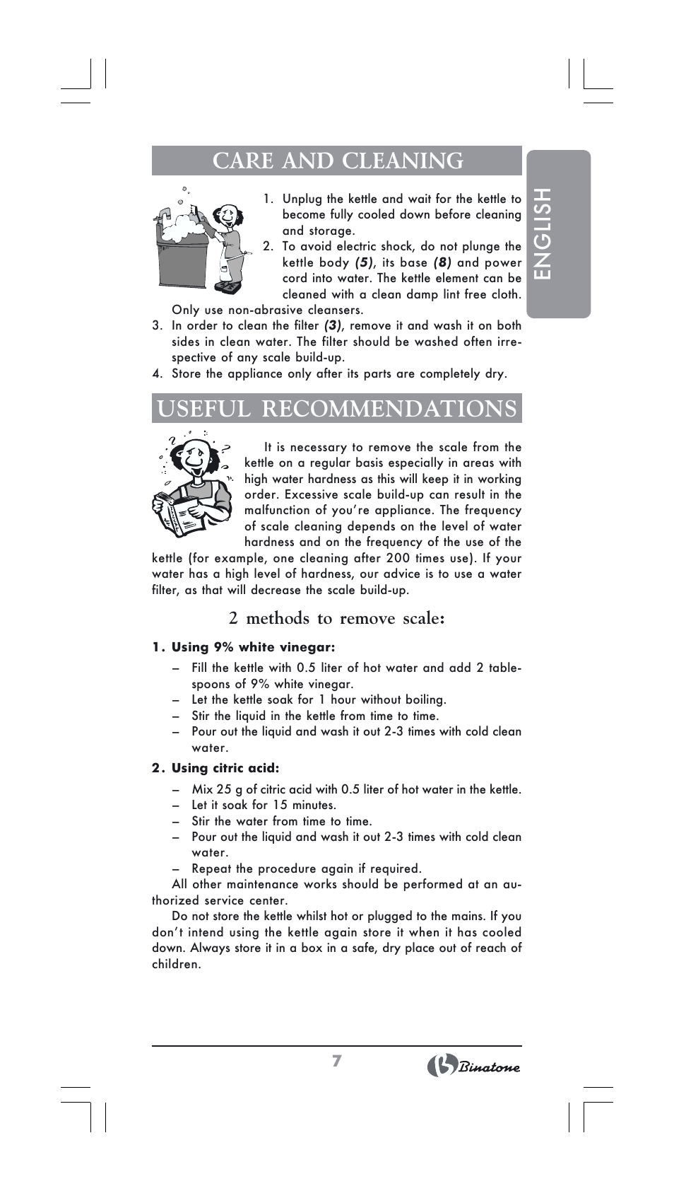 English care and cleaning, Useful recommendations, 2 methods to remove scale | Binatone GK-1231 User Manual | Page 7 / 30