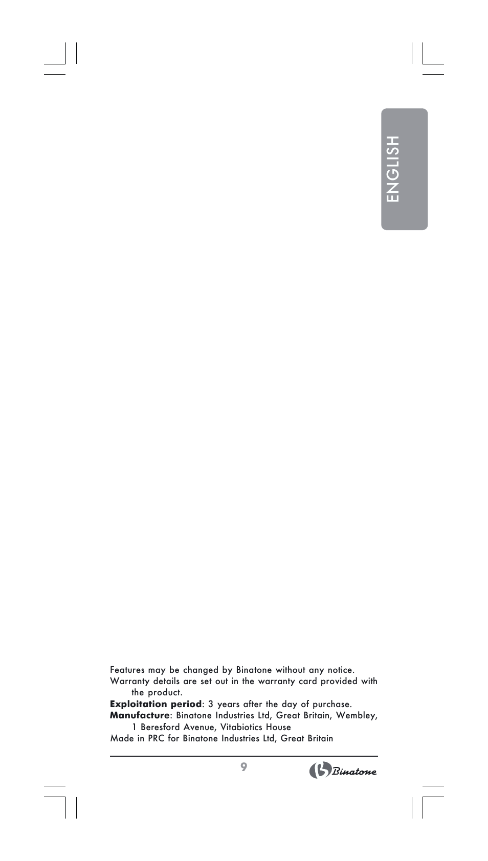 English | Binatone GK-1231 User Manual | Page 9 / 30