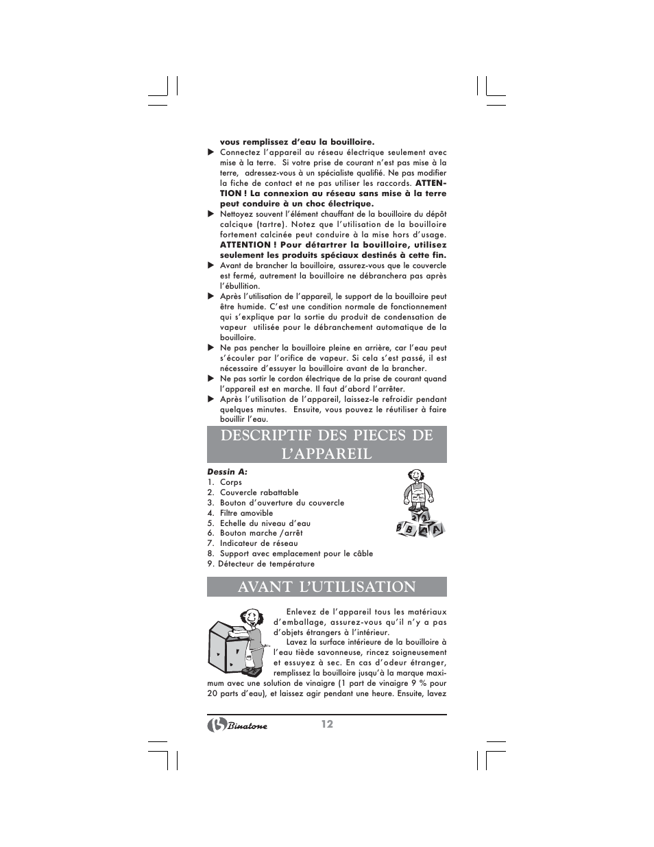Descriptif des pieces de l’appareil, Avant l’utilisation | Binatone MEJ-1791 User Manual | Page 12 / 28