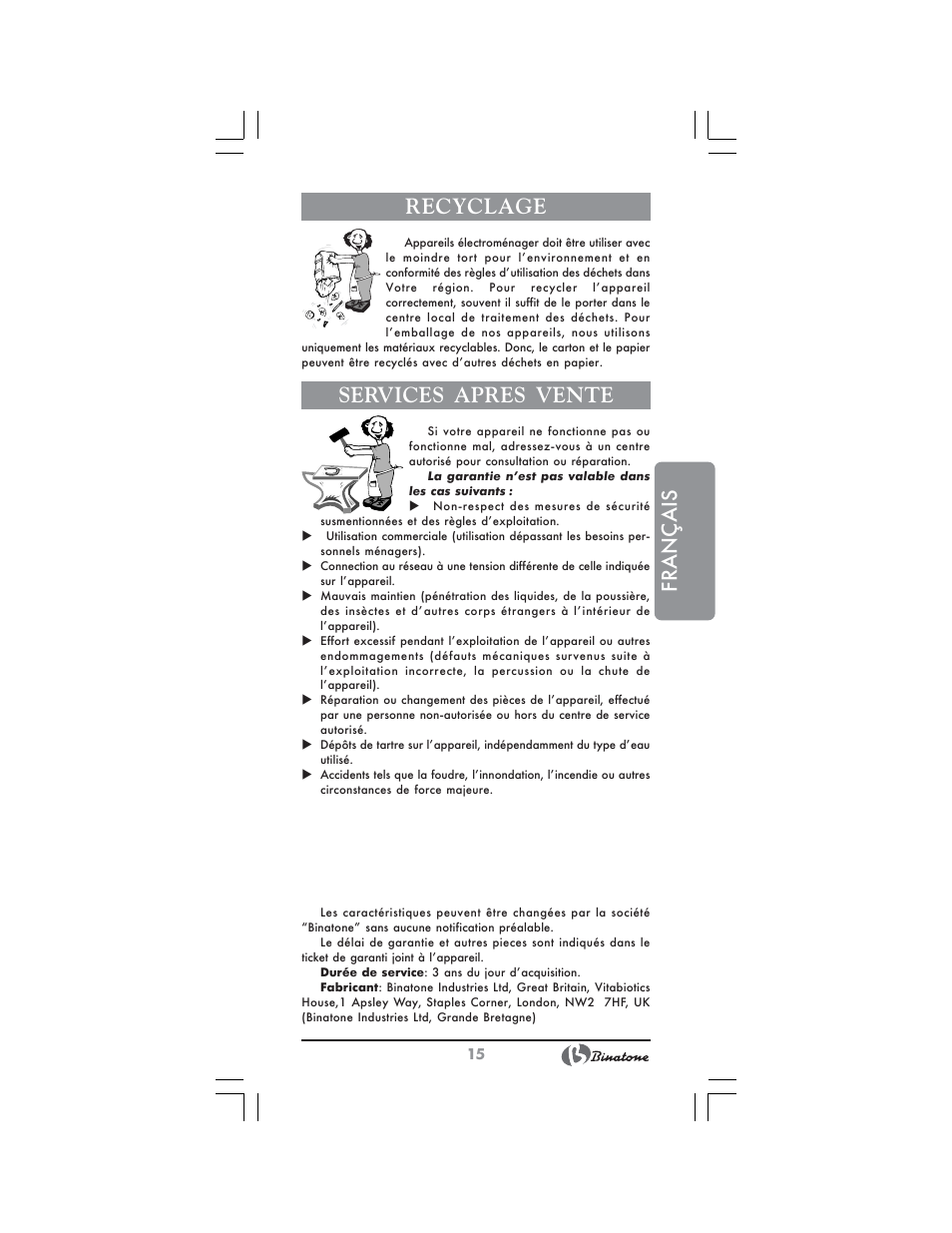 Français recyclage, Services apres vente | Binatone MEJ-1791 User Manual | Page 15 / 28