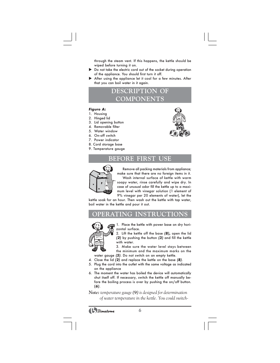 Description of components, Before first use, Operating instructions | Binatone MEJ-1791 User Manual | Page 6 / 28