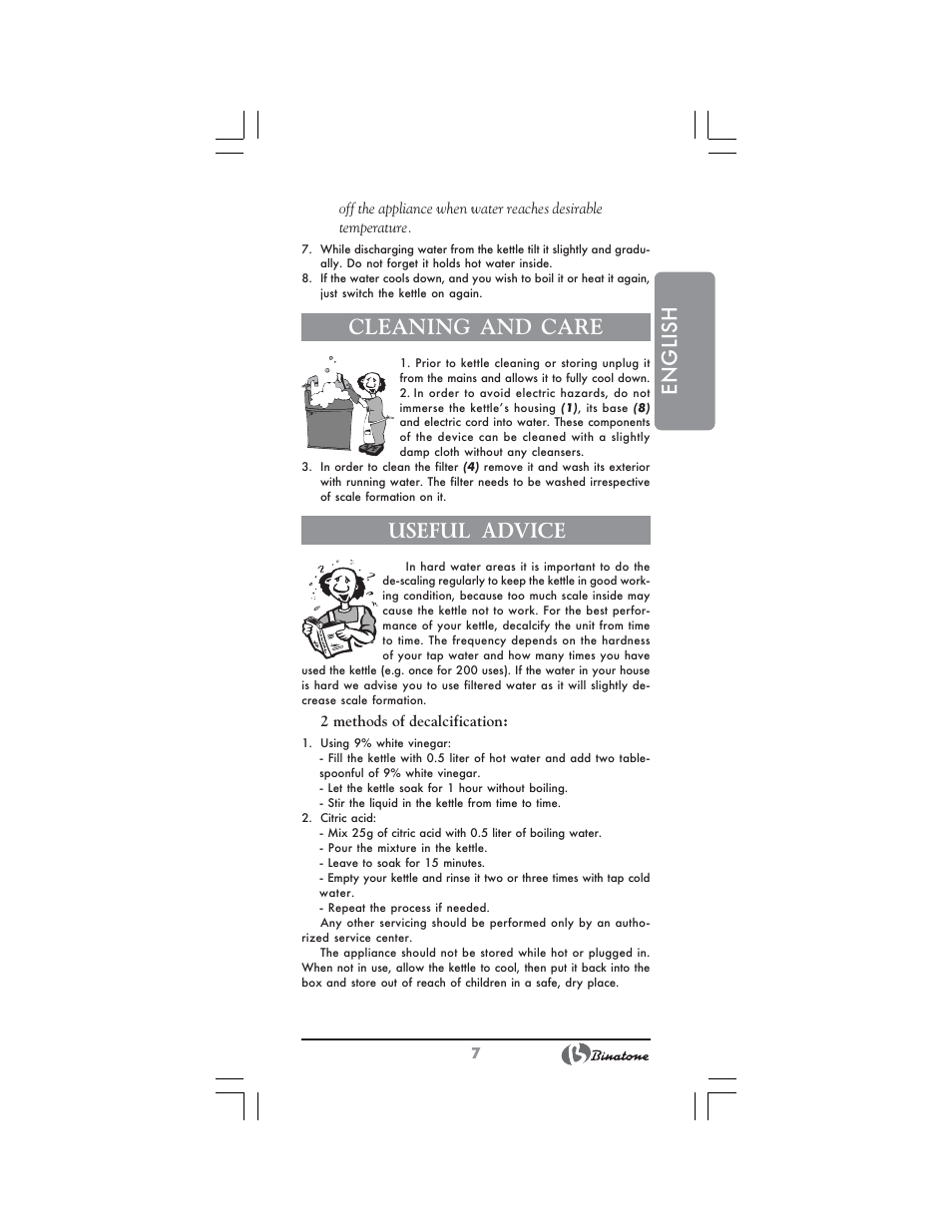English, Cleaning and care, Useful advice | Binatone MEJ-1791 User Manual | Page 7 / 28