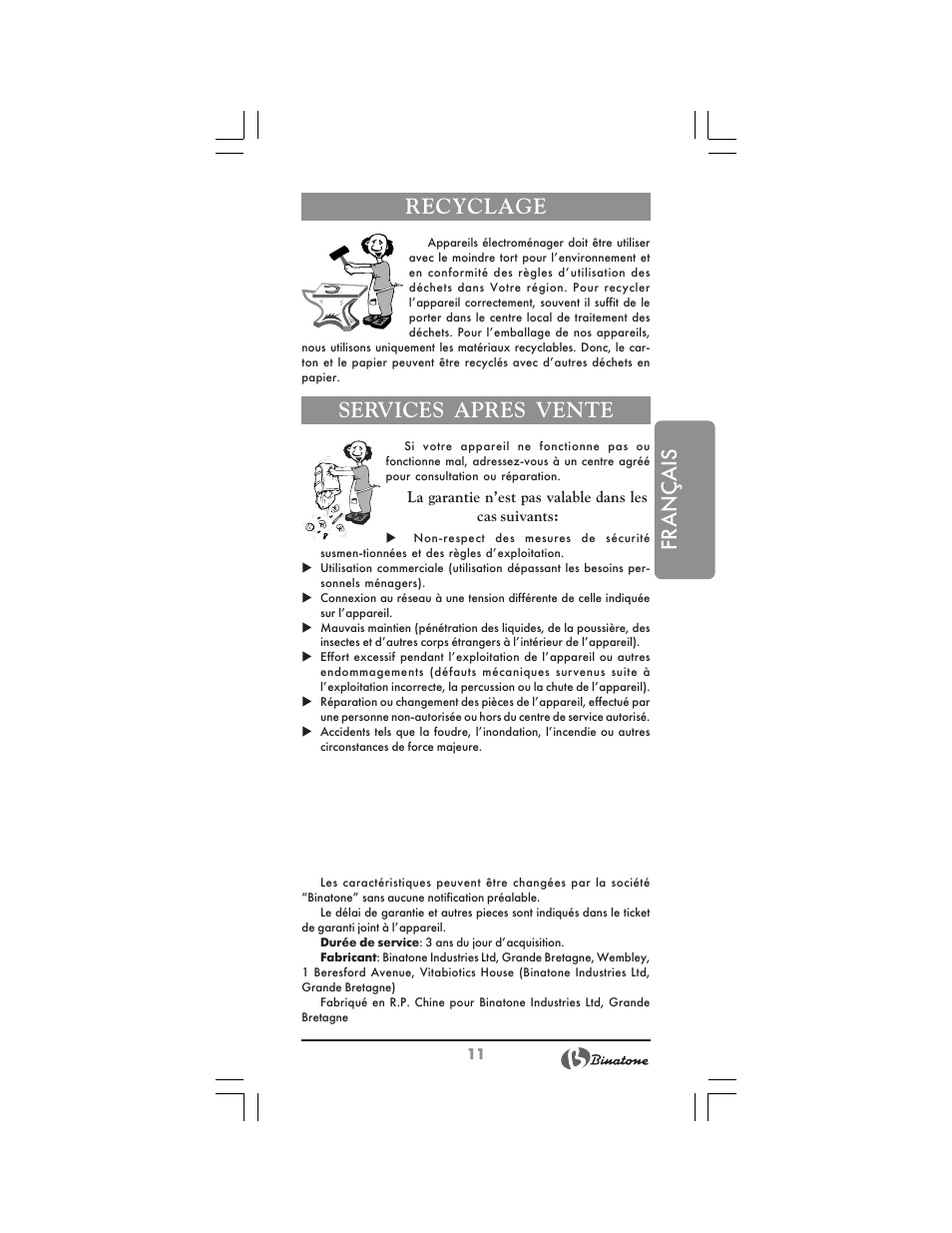 Français recyclage, Services apres vente | Binatone NCG-7711 User Manual | Page 11 / 22