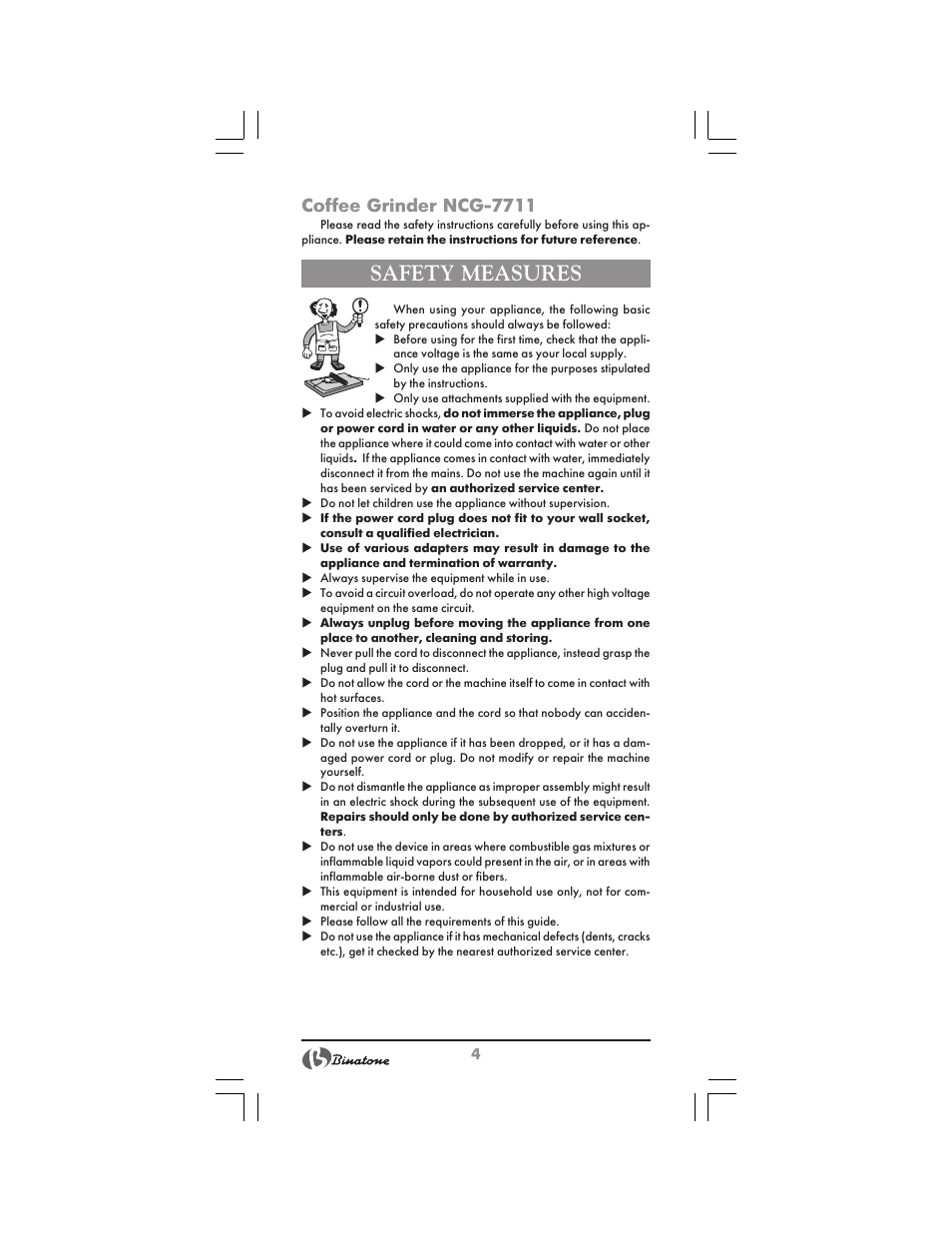 Safety measures, Coffee grinder ncg 7711 | Binatone NCG-7711 User Manual | Page 4 / 22