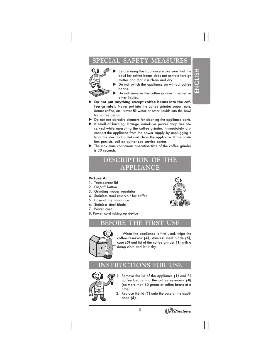 English special safety measures, Description of the appliance, Before the first use | Instructions for use | Binatone NCG-7711 User Manual | Page 5 / 22