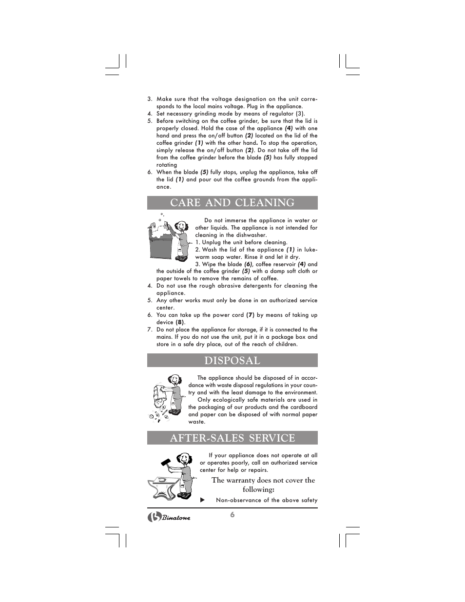 Care and cleaning, Disposal, After-sales service | Binatone NCG-7711 User Manual | Page 6 / 22