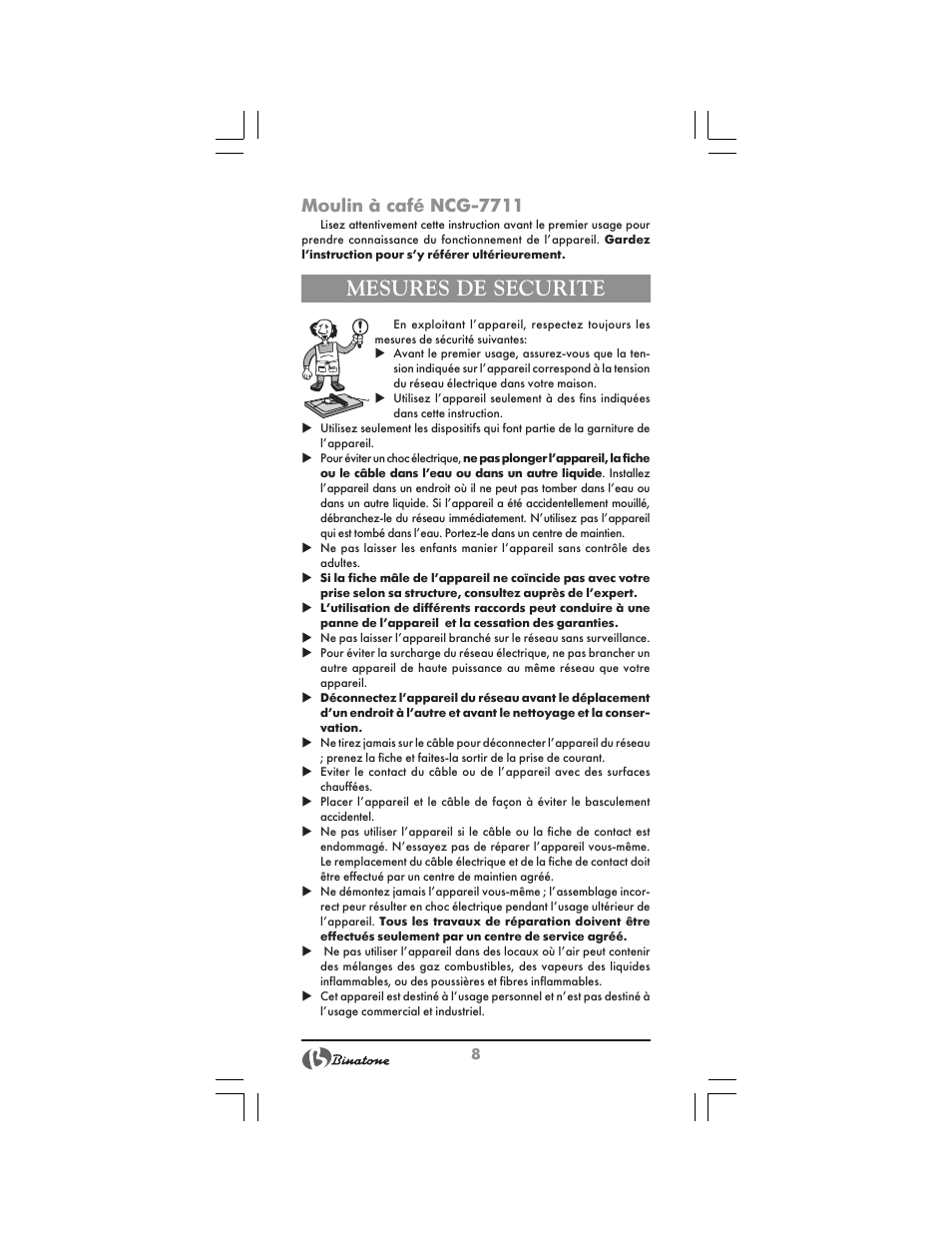 Mesures de securite, Moulin à café ncg-7711 | Binatone NCG-7711 User Manual | Page 8 / 22