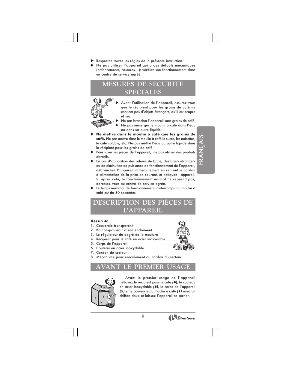 Français, Mesures de securite speciales, Description des pièces de l’appareil | Avant le premier usage | Binatone NCG-7711 User Manual | Page 9 / 22