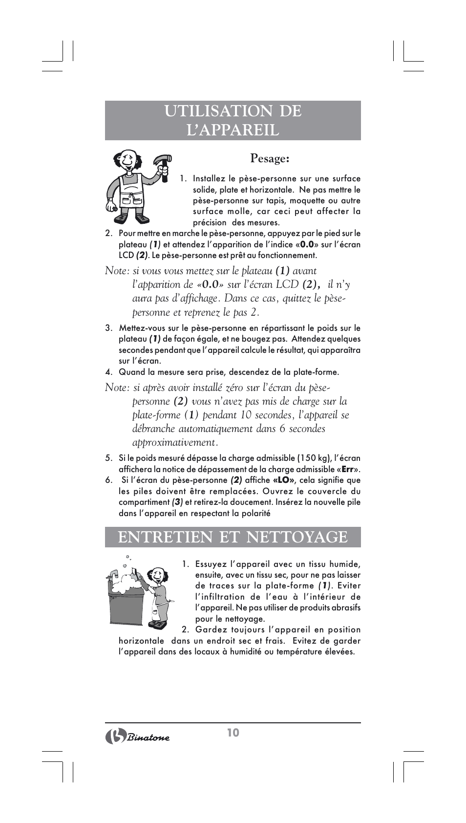 Utilisation de l’appareil, Entretien et nettoyage, Pesage | Binatone BS-8022 User Manual | Page 10 / 22