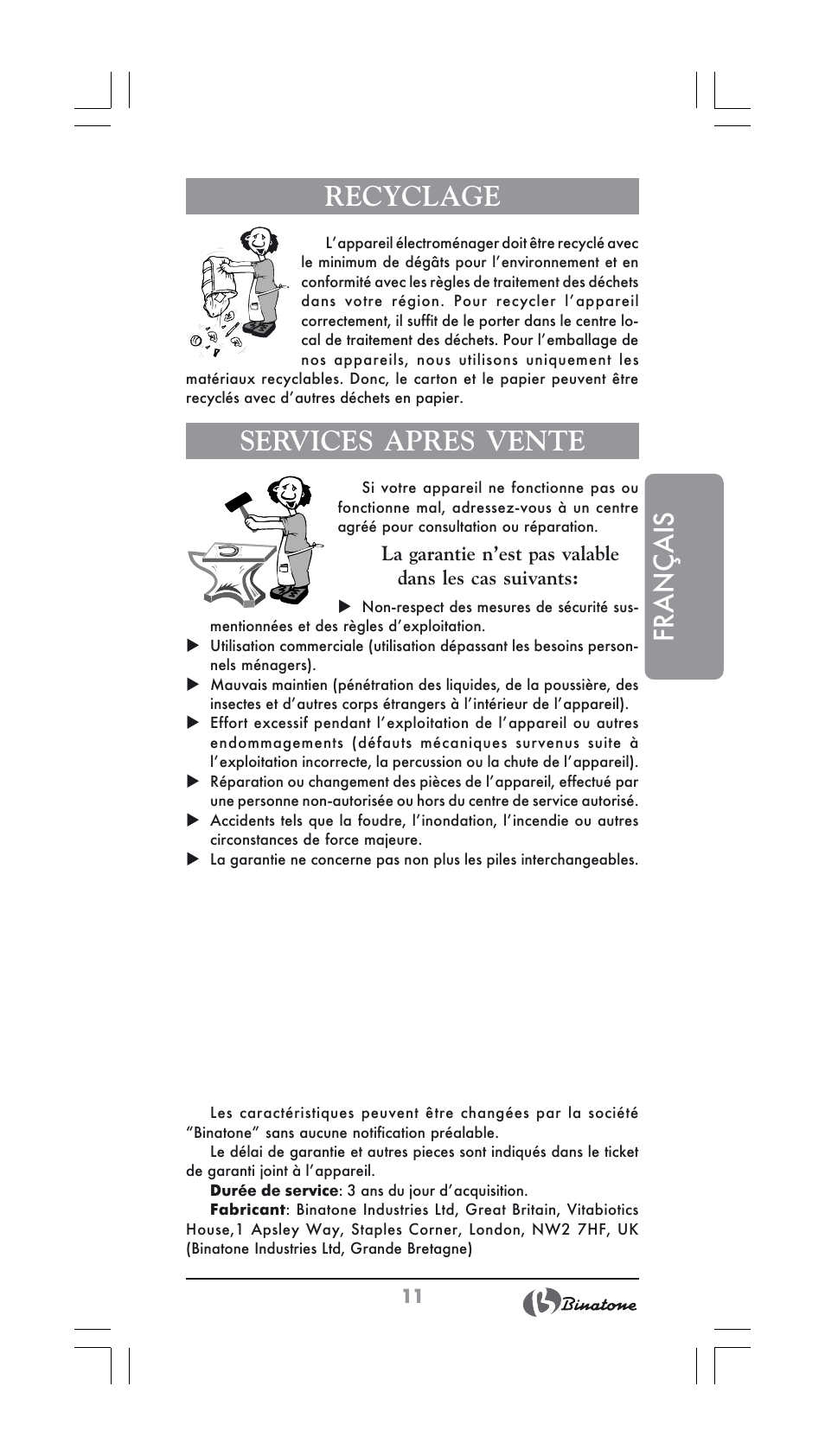 Français, Recyclage, Services apres vente | Binatone BS-8022 User Manual | Page 11 / 22
