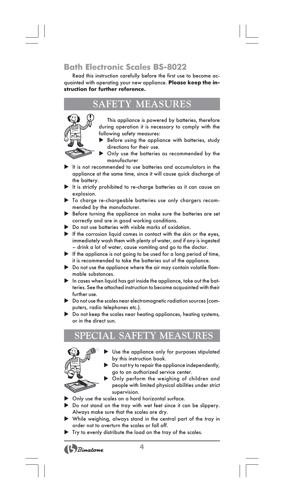 Safety measures, Special safety measures, Bath electronic scales bs-8022 | Binatone BS-8022 User Manual | Page 4 / 22