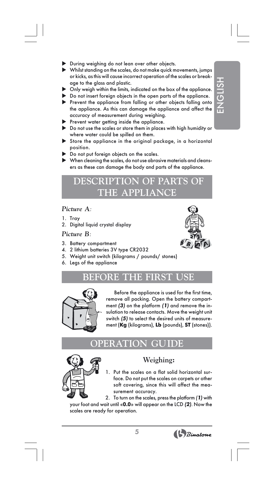 English, Description of parts of the appliance, Before the first use | Operation guide | Binatone BS-8022 User Manual | Page 5 / 22