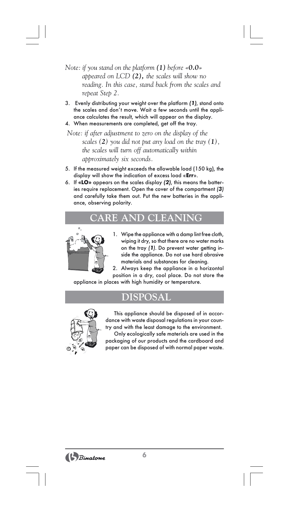 Care and cleaning, Disposal | Binatone BS-8022 User Manual | Page 6 / 22