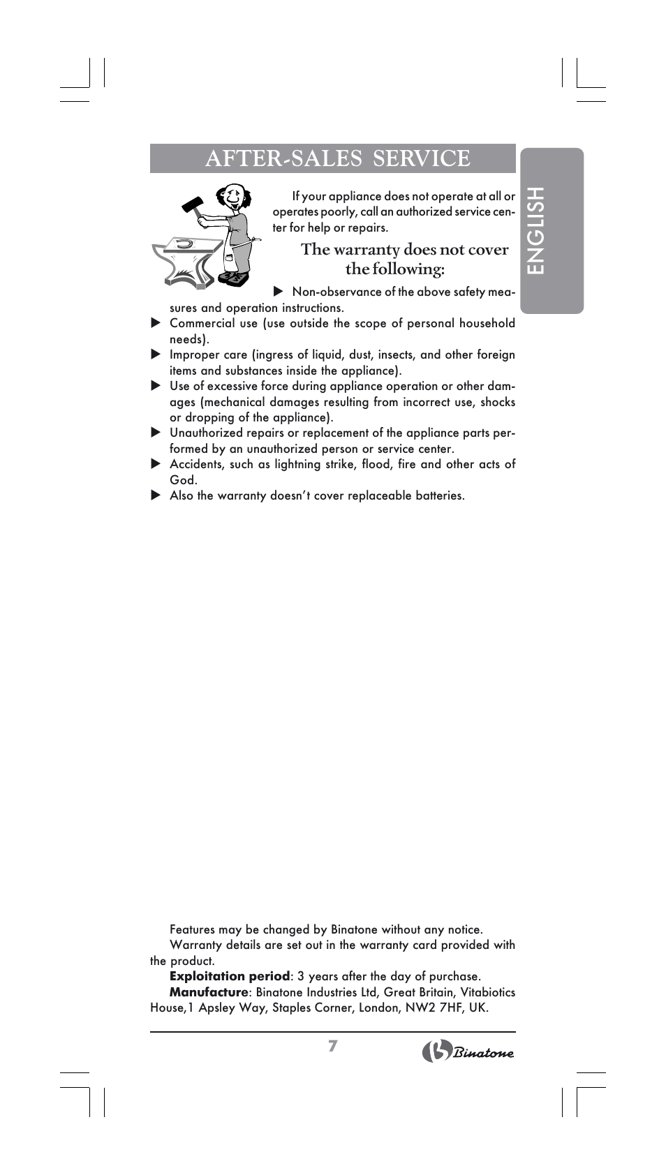 English, After-sales service | Binatone BS-8022 User Manual | Page 7 / 22