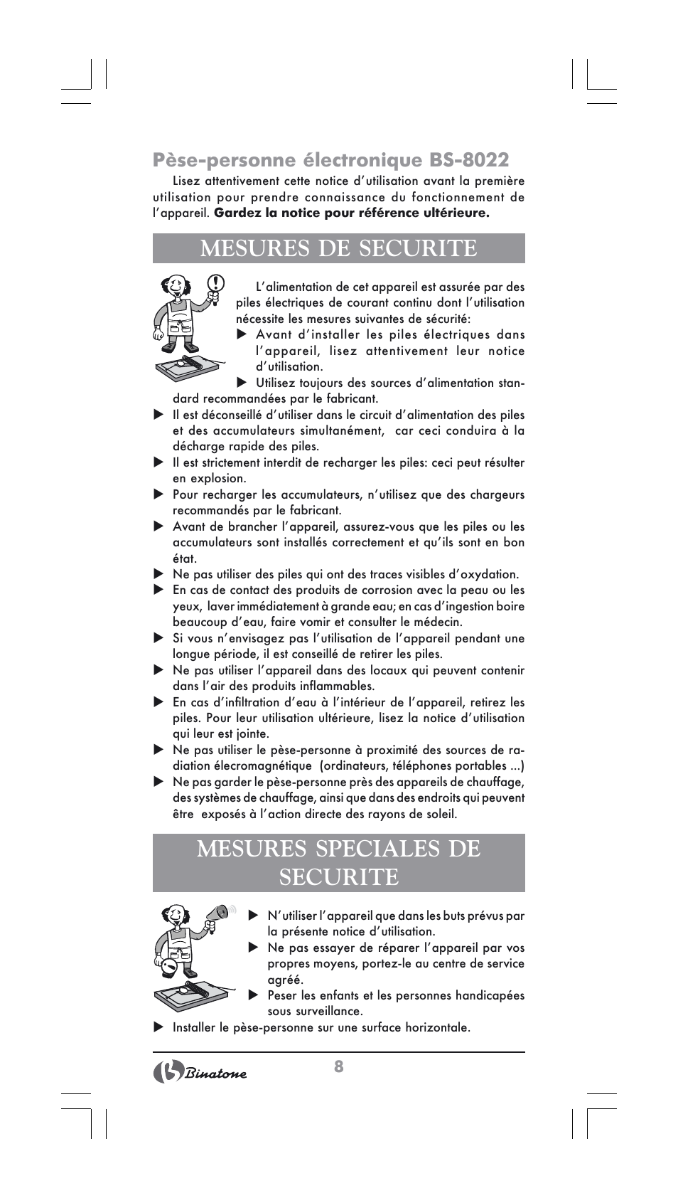 Mesures de securite, Mesures speciales de securite, Pèse-personne électronique bs-8022 | Binatone BS-8022 User Manual | Page 8 / 22