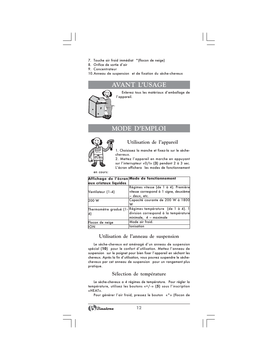 Avant l’usage, Mode d’emploi | Binatone HD-1815 User Manual | Page 12 / 28
