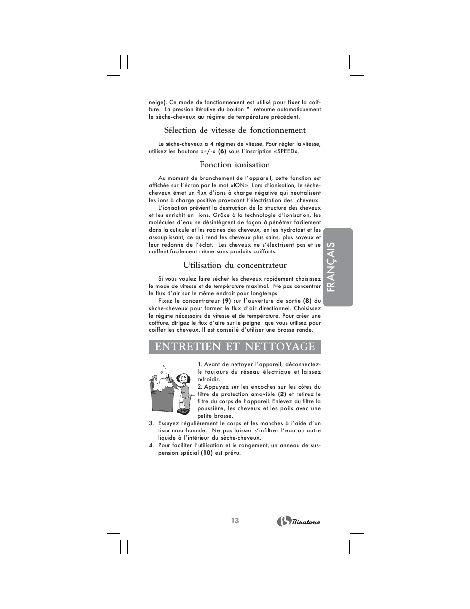 Français, Entretien et nettoyage | Binatone HD-1815 User Manual | Page 13 / 28