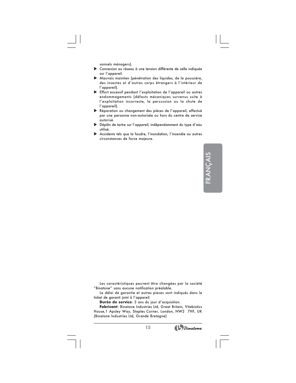 Français | Binatone HD-1815 User Manual | Page 15 / 28
