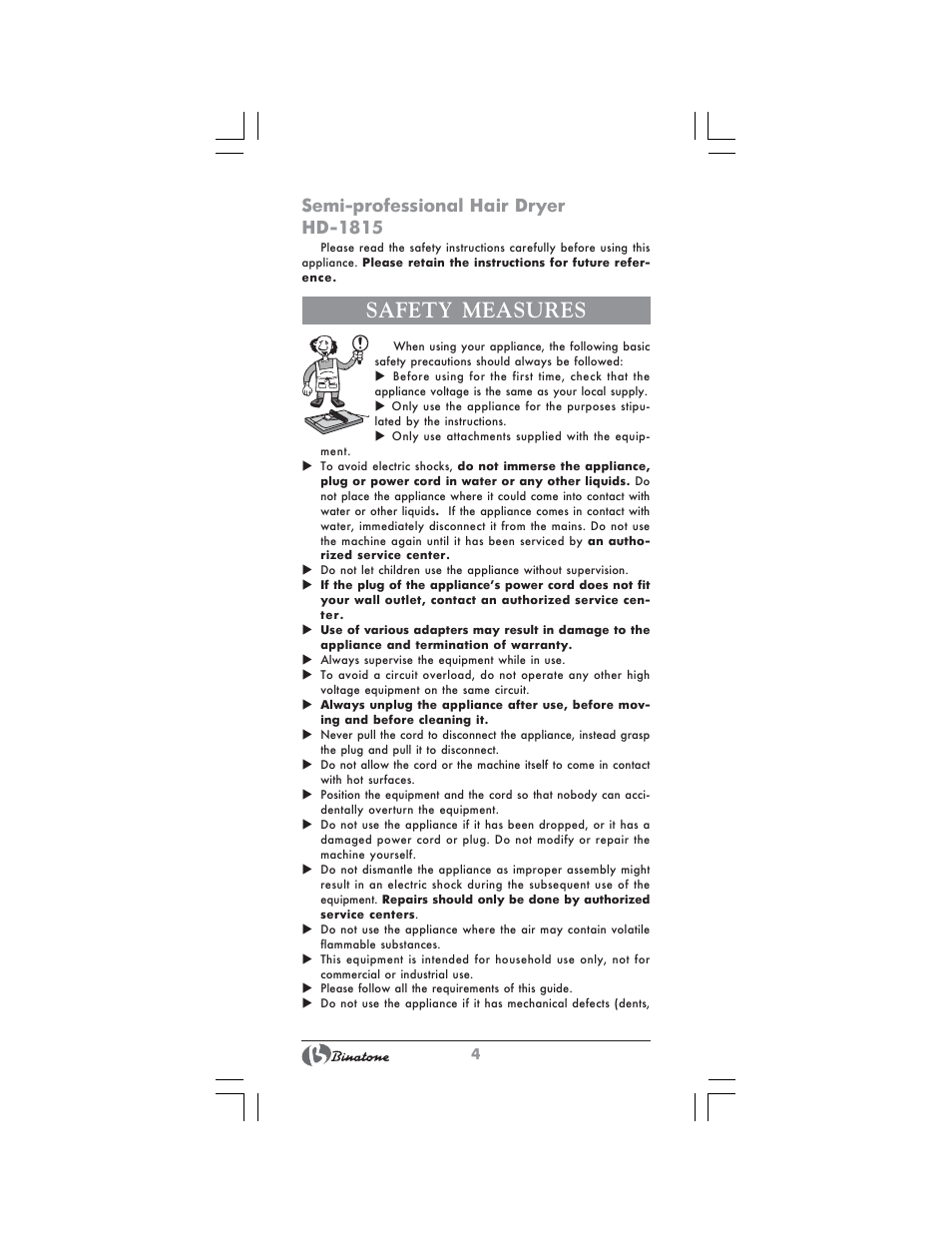 Safety measures, Semi-professional hair dryer hd-1815 | Binatone HD-1815 User Manual | Page 4 / 28