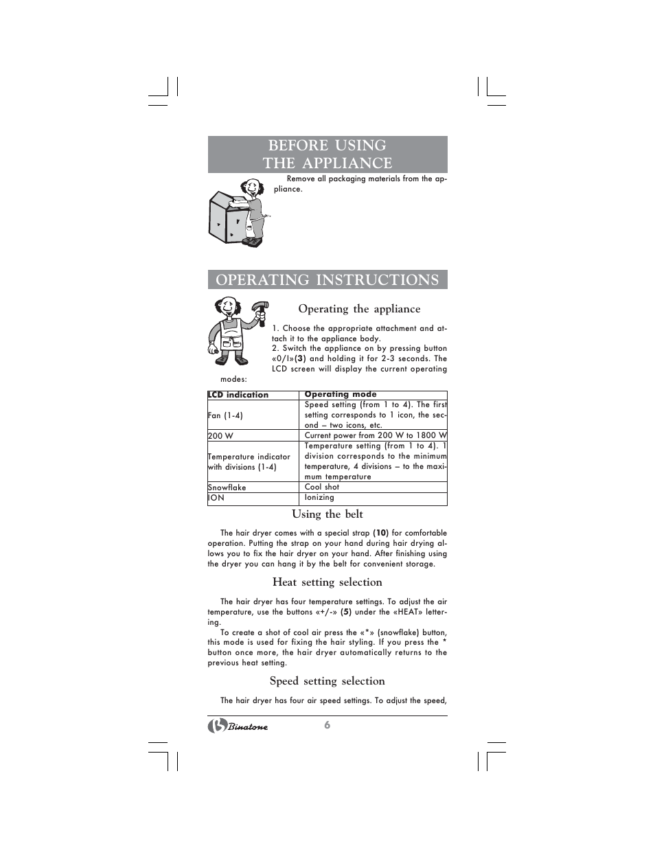 Before using the appliance, Operating instructions | Binatone HD-1815 User Manual | Page 6 / 28