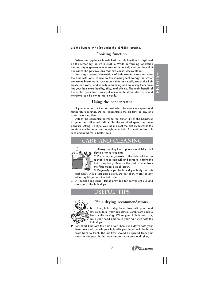 English, Care and cleaning, Useful tips | Binatone HD-1815 User Manual | Page 7 / 28