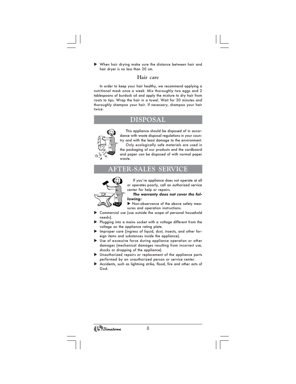 Disposal, After-sales service, Hair care | Binatone HD-1815 User Manual | Page 8 / 28