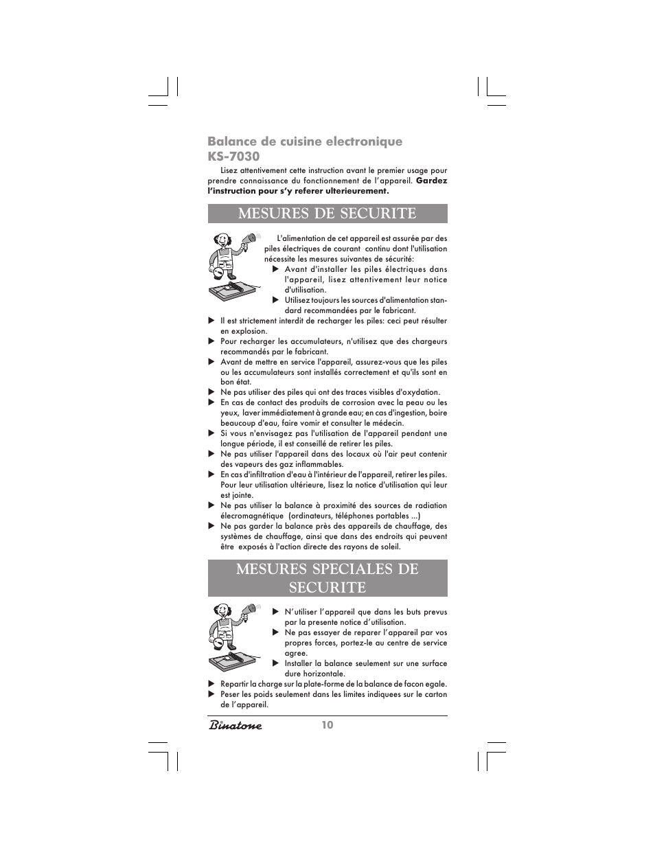 Mesures de securite, Mesures speciales de securite | Binatone KS-7030 User Manual | Page 10 / 30