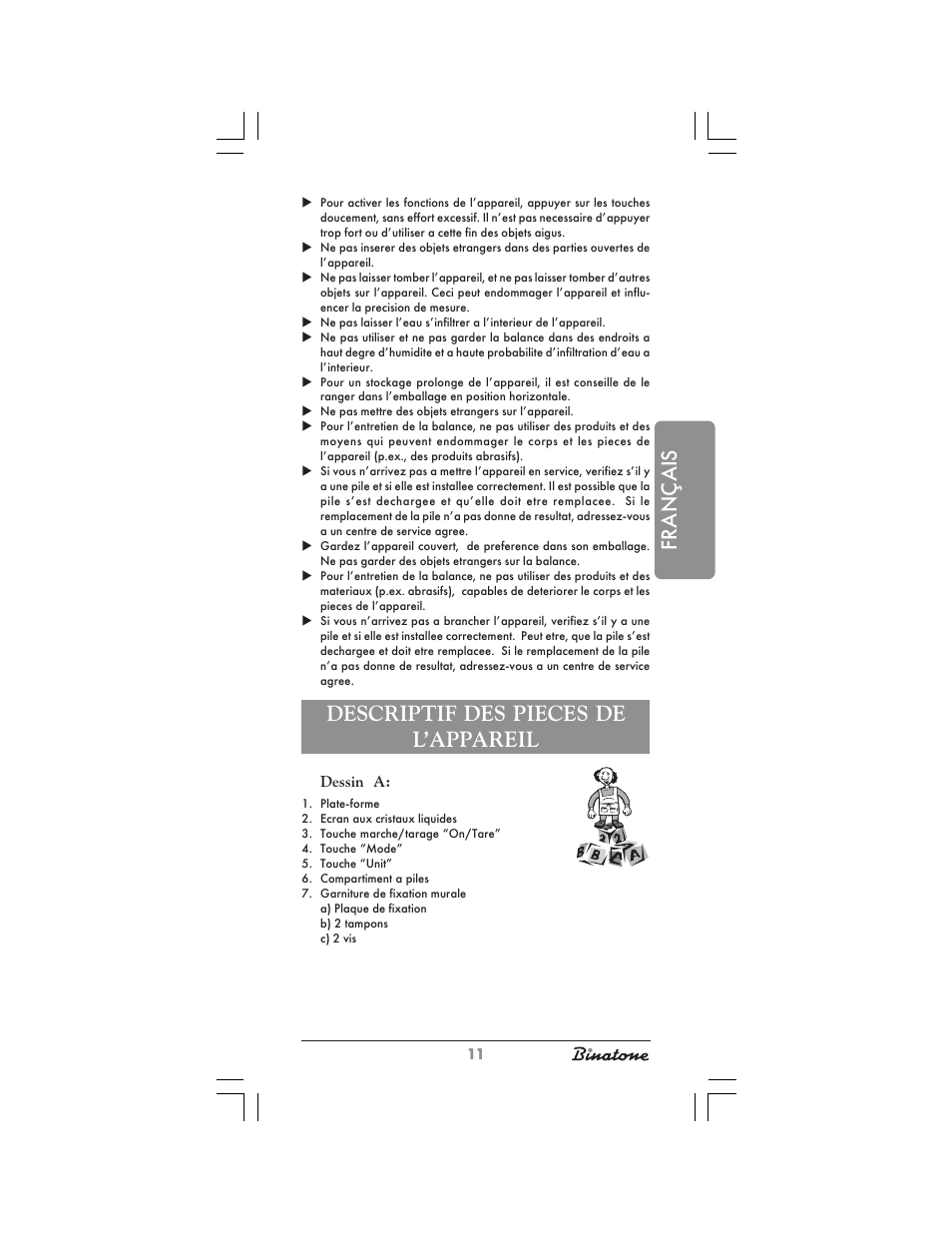 Français, Descriptif des pieces de l’appareil | Binatone KS-7030 User Manual | Page 11 / 30