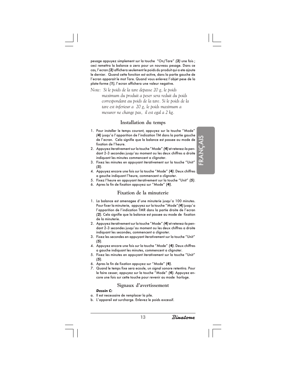 Français, Installation du temps, Fixation de la minuterie | Signaux d’avertissement | Binatone KS-7030 User Manual | Page 13 / 30