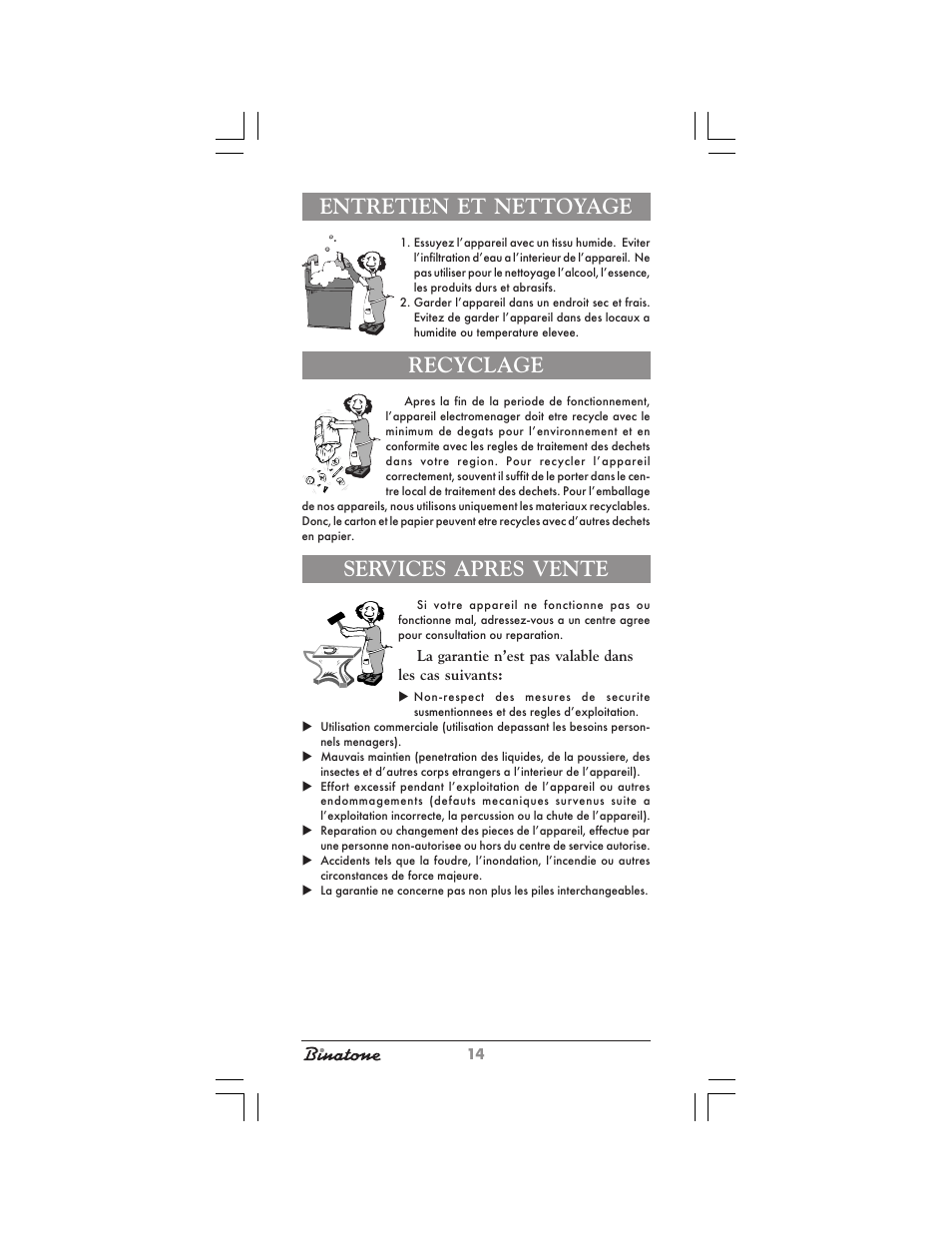 Entretien et nettoyage, Recyclage, Services apres vente | Binatone KS-7030 User Manual | Page 14 / 30