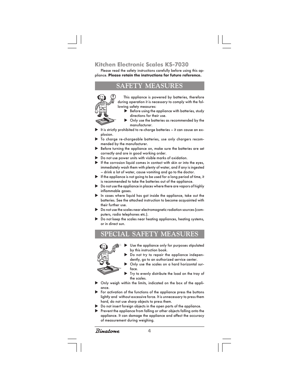 Safety measures, Special safety measures, Kitchen electronic scales ks-7030 | Binatone KS-7030 User Manual | Page 4 / 30