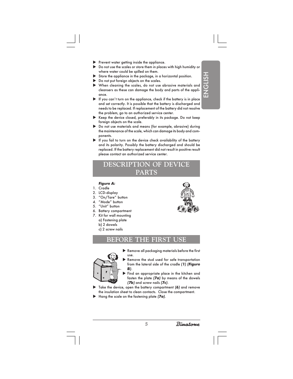 English, Description of device parts, Before the first use | Binatone KS-7030 User Manual | Page 5 / 30