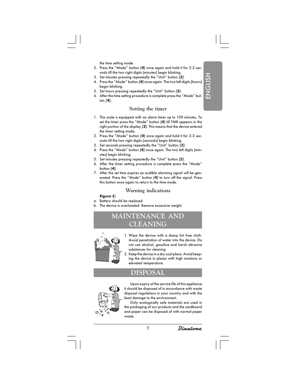 English, Maintenance and cleaning, Disposal | Setting the timer, Warning indications | Binatone KS-7030 User Manual | Page 7 / 30