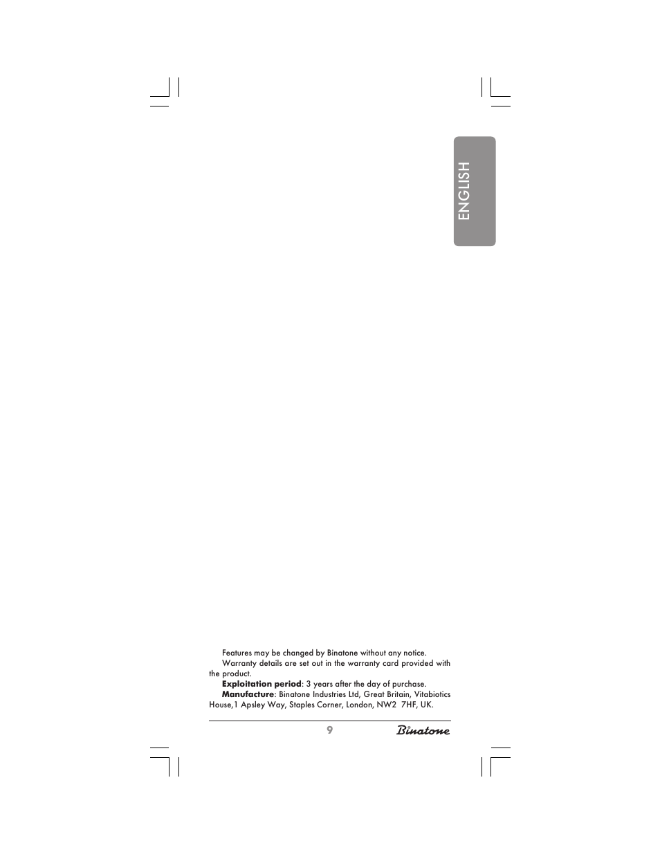 English | Binatone KS-7030 User Manual | Page 9 / 30