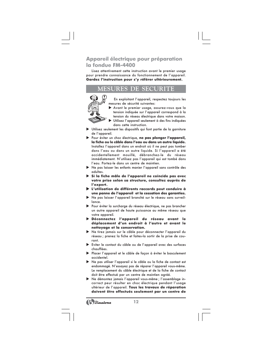 Mesures de securite | Binatone FM-4400 User Manual | Page 12 / 36