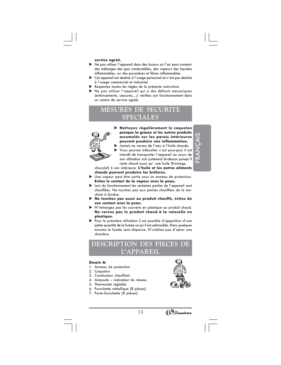 Français, Mesures de securite speciales, Description des pieces de l’appareil | Binatone FM-4400 User Manual | Page 13 / 36