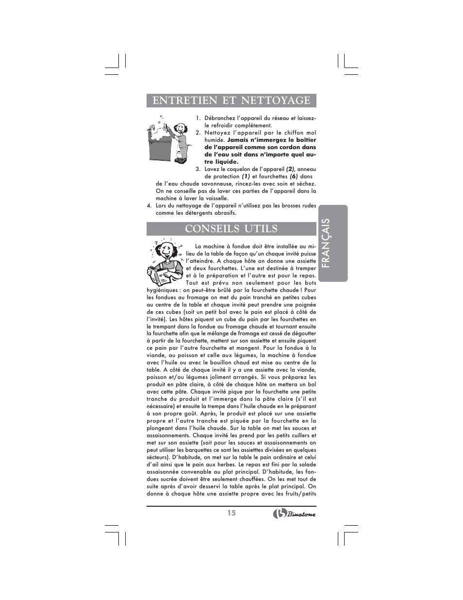 Français entretien et nettoyage, Conseils utils | Binatone FM-4400 User Manual | Page 15 / 36