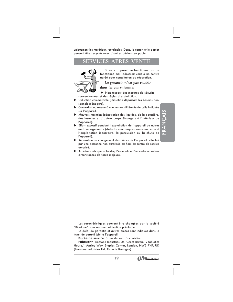 Français, Services apres vente | Binatone FM-4400 User Manual | Page 19 / 36