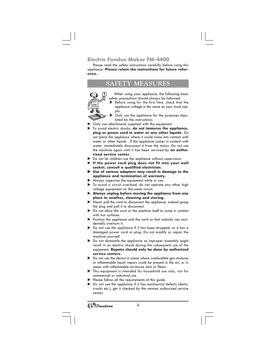 Safety measures, Electric fondue maker fm-4400 | Binatone FM-4400 User Manual | Page 4 / 36