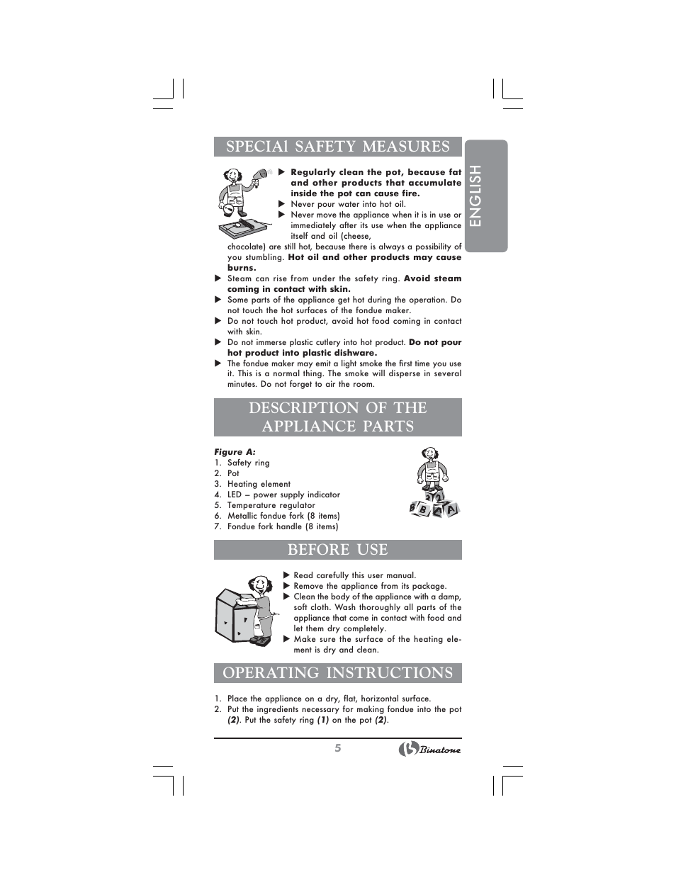 English special safety measures, Description of the appliance parts, Before use | Operating instructions | Binatone FM-4400 User Manual | Page 5 / 36