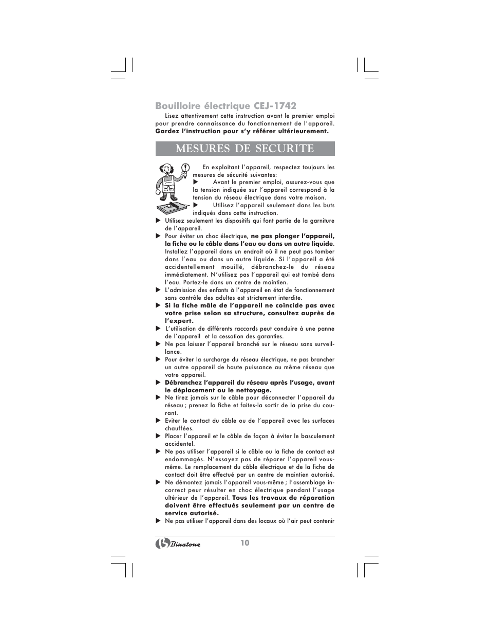 Mesures de securite, Bouilloire électrique cej-1742 | Binatone CEJ-1742 User Manual | Page 10 / 28