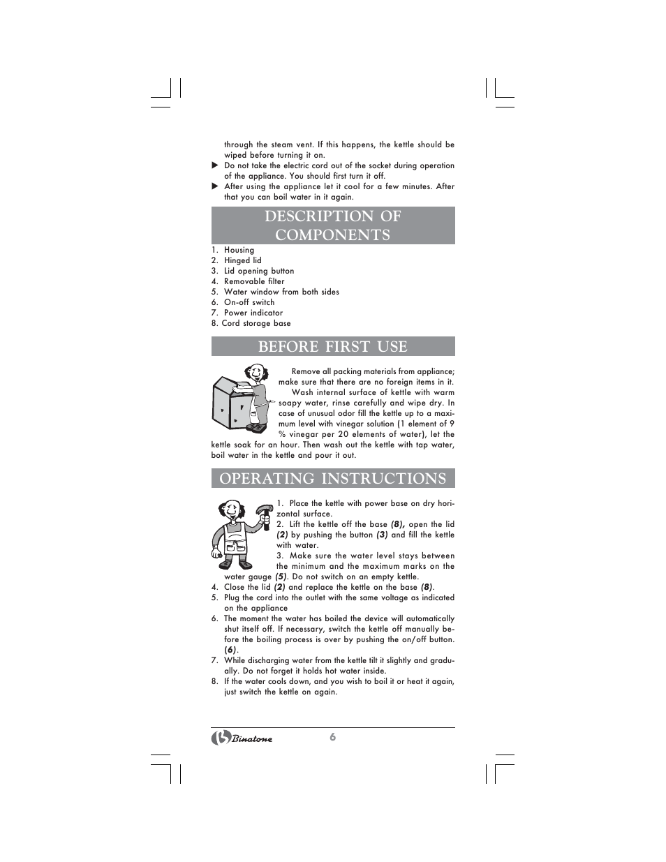 Description of components, Before first use, Operating instructions | Binatone CEJ-1742 User Manual | Page 6 / 28